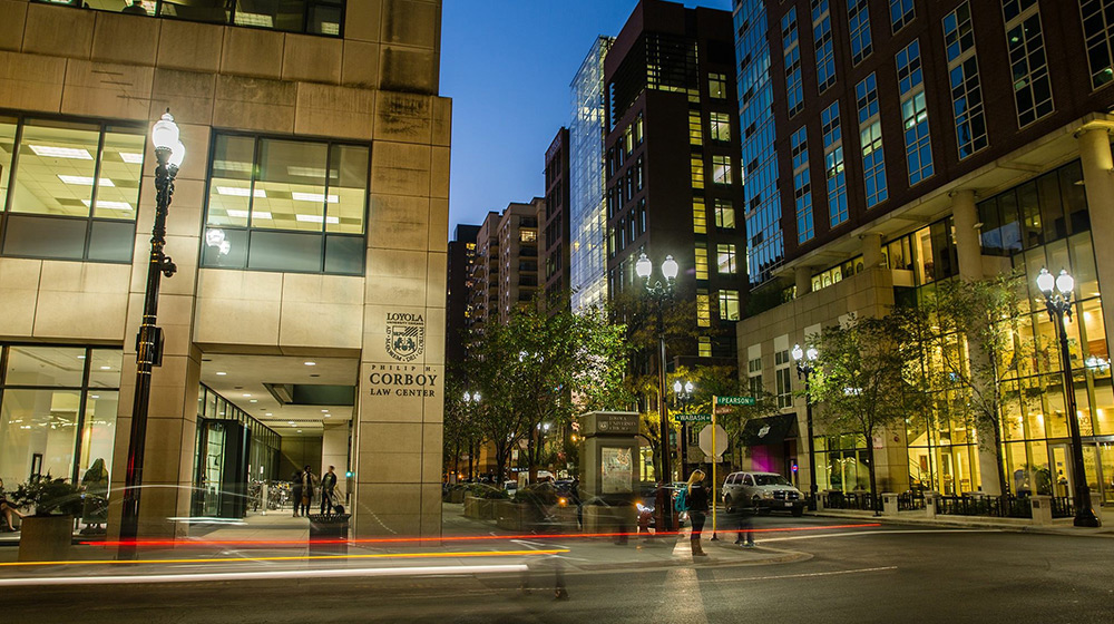 Loyola University Chicago Water Tower Campus at night