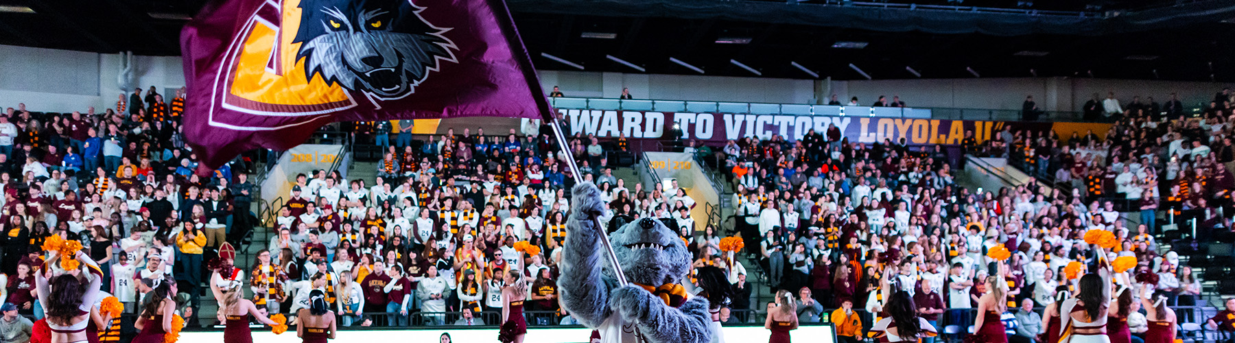 A packed crowd in Gentile Arena cheers as Lu Wolf and the cheer team lead the crowd in team spirit chants