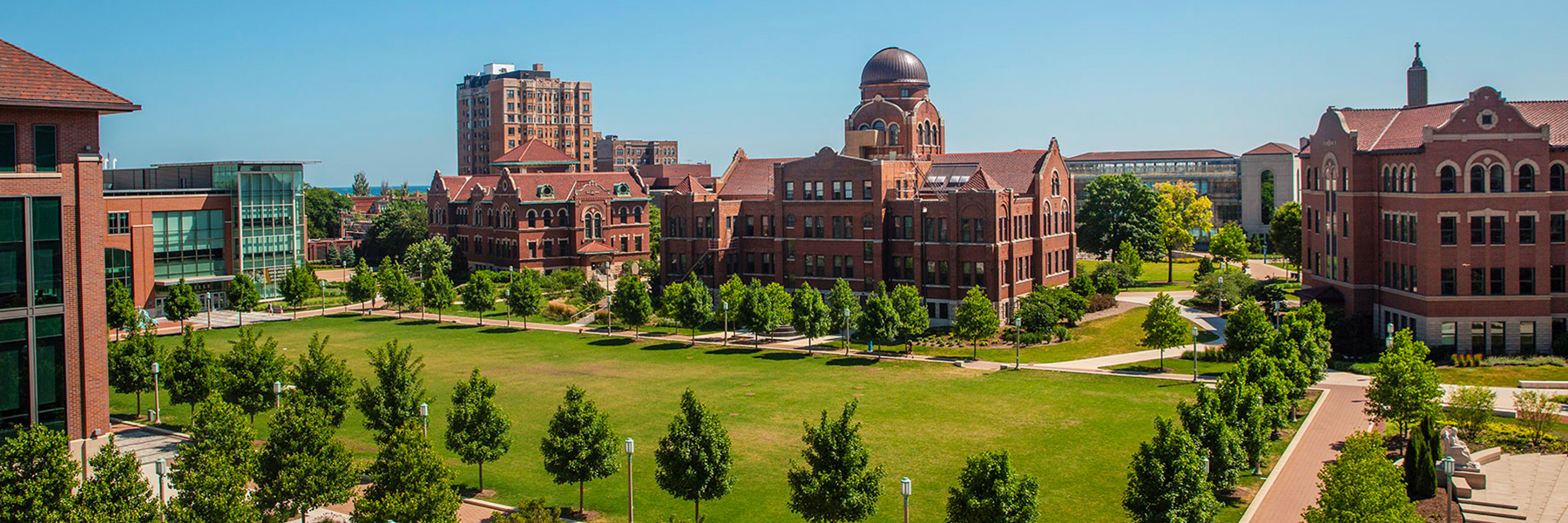 An aerial perspective of the Lake Shore Campus main lawn of Loyola University Chicago